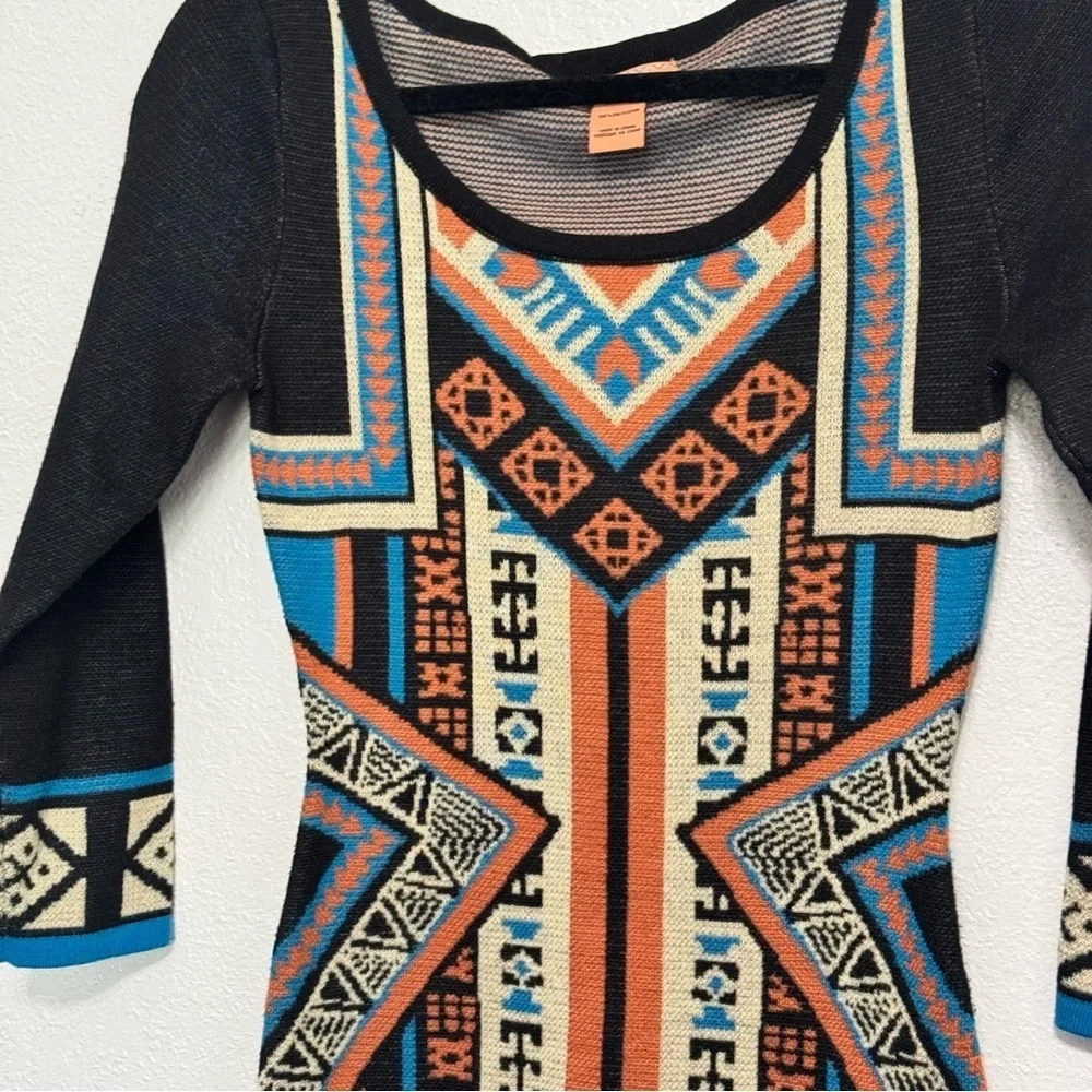 Anthropologie Flying Tomato Aztec Sweater Dress Black Blue Orange - Picture 3 of 9